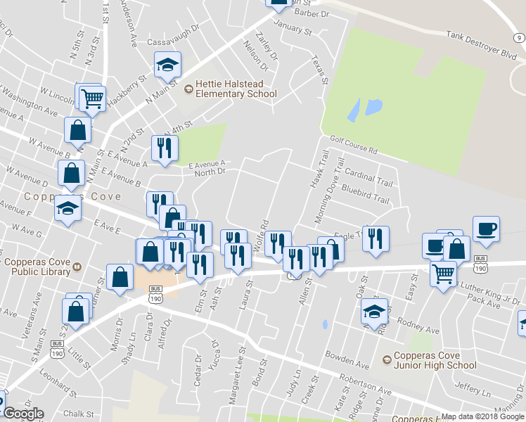 map of restaurants, bars, coffee shops, grocery stores, and more near 119 Wolfe Road in Copperas Cove