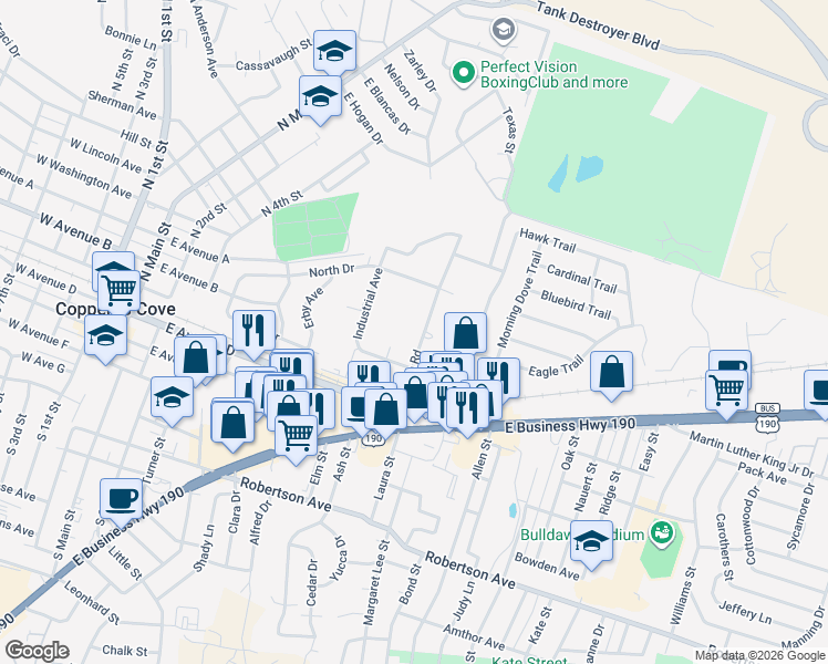 map of restaurants, bars, coffee shops, grocery stores, and more near 119 Wolfe Road in Copperas Cove