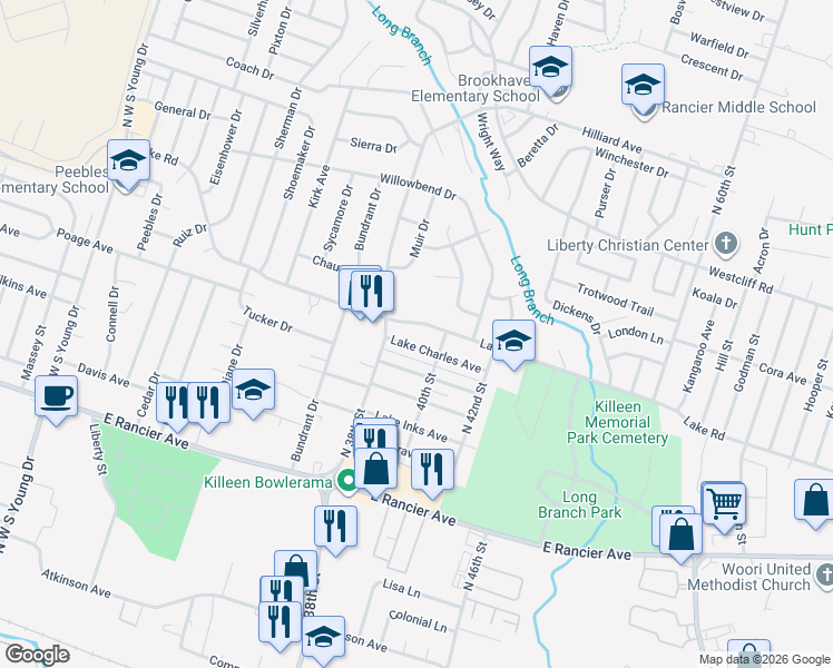 map of restaurants, bars, coffee shops, grocery stores, and more near 3206 Lake Road in Killeen