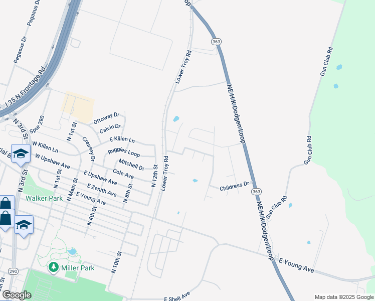 map of restaurants, bars, coffee shops, grocery stores, and more near 3131 Lower Troy Road in Temple