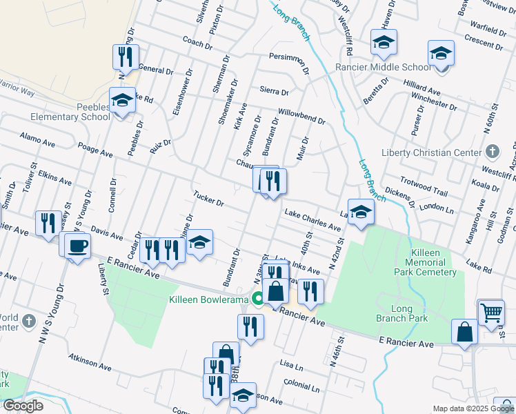 map of restaurants, bars, coffee shops, grocery stores, and more near 1510 Bundrant Drive in Killeen