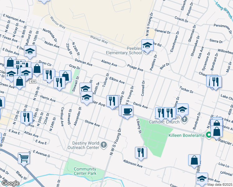 map of restaurants, bars, coffee shops, grocery stores, and more near 1205 Massey Street in Killeen