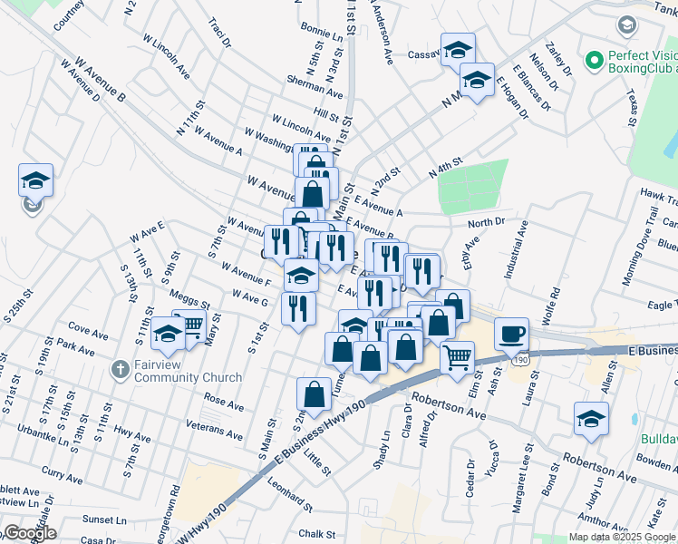map of restaurants, bars, coffee shops, grocery stores, and more near 104 East Avenue D in Copperas Cove