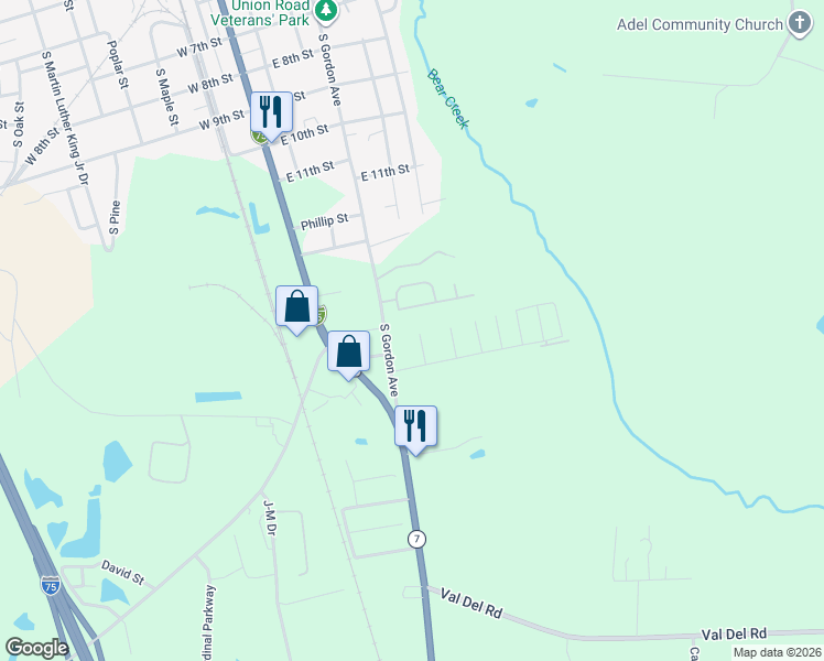 map of restaurants, bars, coffee shops, grocery stores, and more near 1107 Camellia Circle in Adel