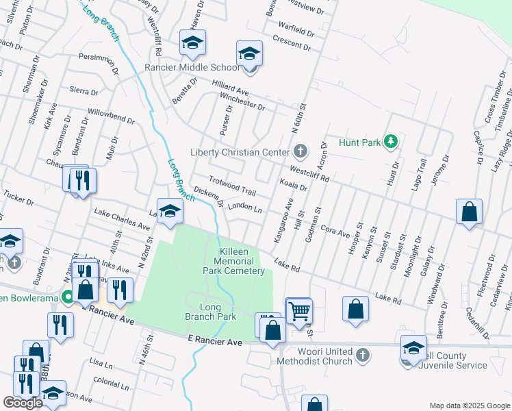 map of restaurants, bars, coffee shops, grocery stores, and more near 4003 London Lane in Killeen
