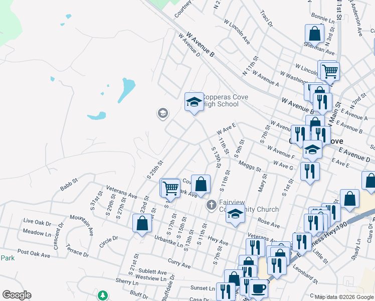 map of restaurants, bars, coffee shops, grocery stores, and more near 605 South 23rd Street in Copperas Cove