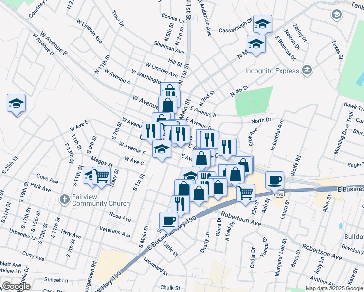 map of restaurants, bars, coffee shops, grocery stores, and more near 104 East Avenue D in Copperas Cove