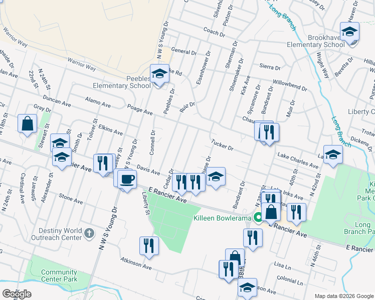 map of restaurants, bars, coffee shops, grocery stores, and more near 1305 Pine Drive in Killeen