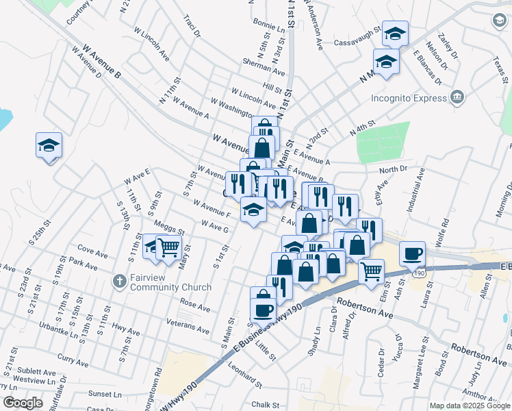 map of restaurants, bars, coffee shops, grocery stores, and more near in Copperas Cove