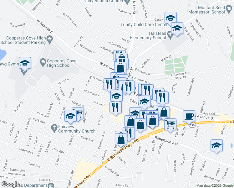 map of restaurants, bars, coffee shops, grocery stores, and more near 112 West Avenue East in Copperas Cove