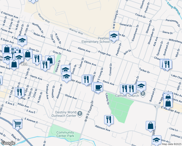 map of restaurants, bars, coffee shops, grocery stores, and more near 1205 Massey Street in Killeen