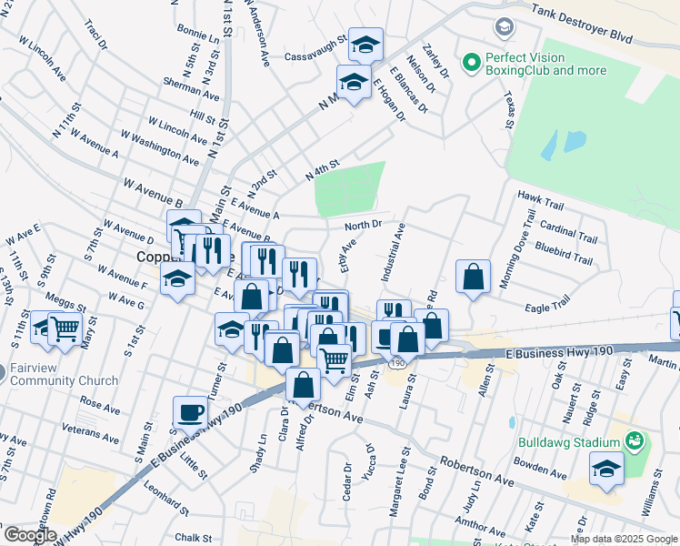 map of restaurants, bars, coffee shops, grocery stores, and more near 209 Erby Avenue in Copperas Cove