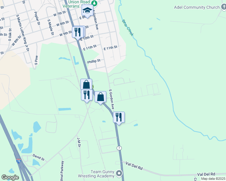 map of restaurants, bars, coffee shops, grocery stores, and more near 1101 S Gordon Ave in Adel