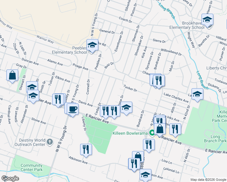 map of restaurants, bars, coffee shops, grocery stores, and more near 1305 Pine Drive in Killeen