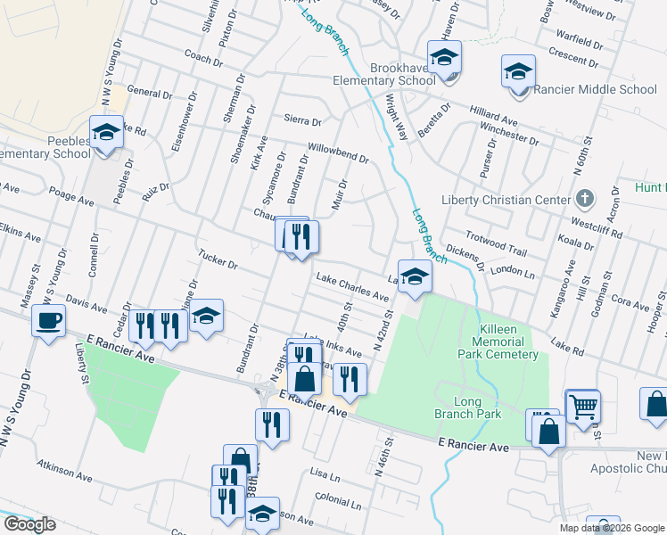 map of restaurants, bars, coffee shops, grocery stores, and more near 3206 Lake Road in Killeen
