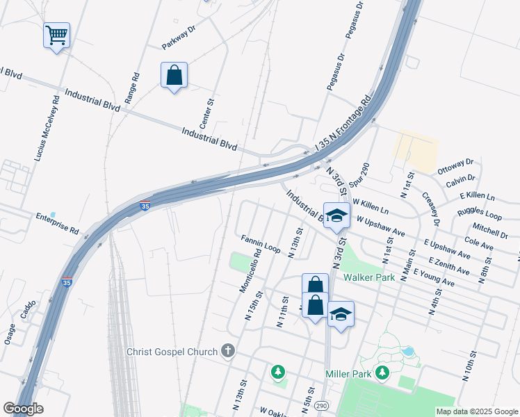 map of restaurants, bars, coffee shops, grocery stores, and more near 2617 Goliad Street in Temple