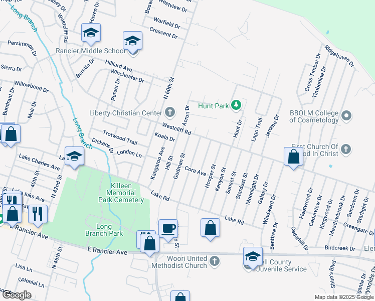 map of restaurants, bars, coffee shops, grocery stores, and more near 1911 Hooten Street in Killeen