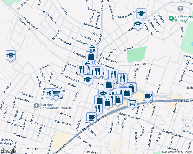 map of restaurants, bars, coffee shops, grocery stores, and more near 104 East Avenue D in Copperas Cove