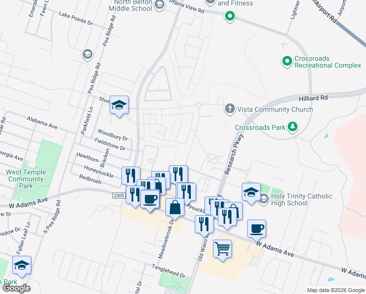 map of restaurants, bars, coffee shops, grocery stores, and more near 7317 Buffalo Grass Drive in Temple