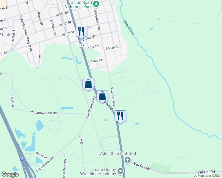 map of restaurants, bars, coffee shops, grocery stores, and more near 1101 S Gordon Ave in Adel
