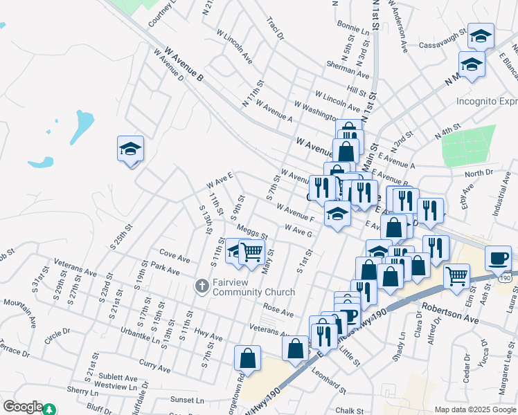 map of restaurants, bars, coffee shops, grocery stores, and more near 411 West Avenue F in Copperas Cove