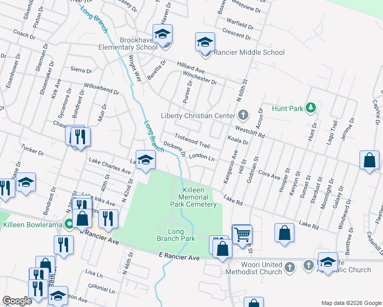 map of restaurants, bars, coffee shops, grocery stores, and more near 3807 London Lane in Killeen