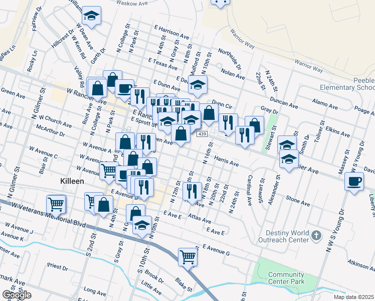 map of restaurants, bars, coffee shops, grocery stores, and more near 707 North 12th Street in Killeen