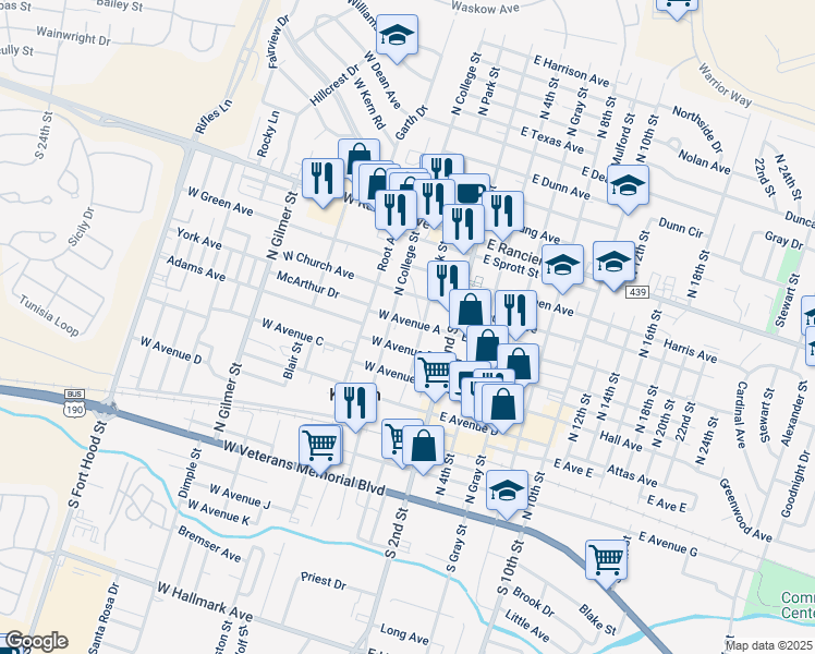 map of restaurants, bars, coffee shops, grocery stores, and more near 208 West Avenue A in Killeen