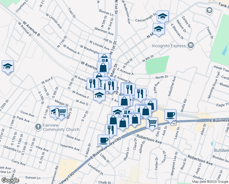 map of restaurants, bars, coffee shops, grocery stores, and more near 201 East Avenue D in Copperas Cove