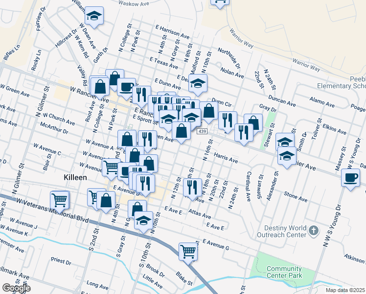 map of restaurants, bars, coffee shops, grocery stores, and more near 707 North 12th Street in Killeen