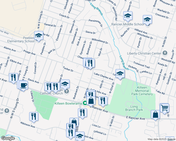 map of restaurants, bars, coffee shops, grocery stores, and more near 3008 Lake Road in Killeen