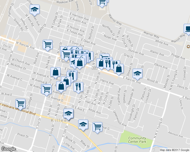 map of restaurants, bars, coffee shops, grocery stores, and more near 809 North 16th Street in Killeen