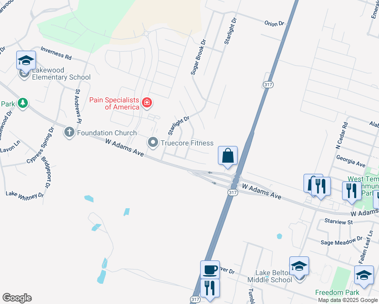 map of restaurants, bars, coffee shops, grocery stores, and more near 9819 Cow Page Court in Temple