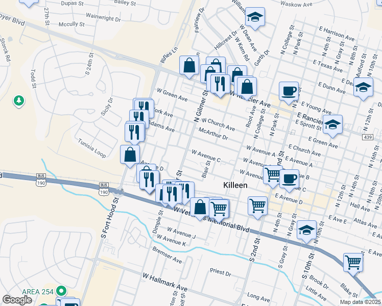 map of restaurants, bars, coffee shops, grocery stores, and more near 722 West Avenue C in Killeen
