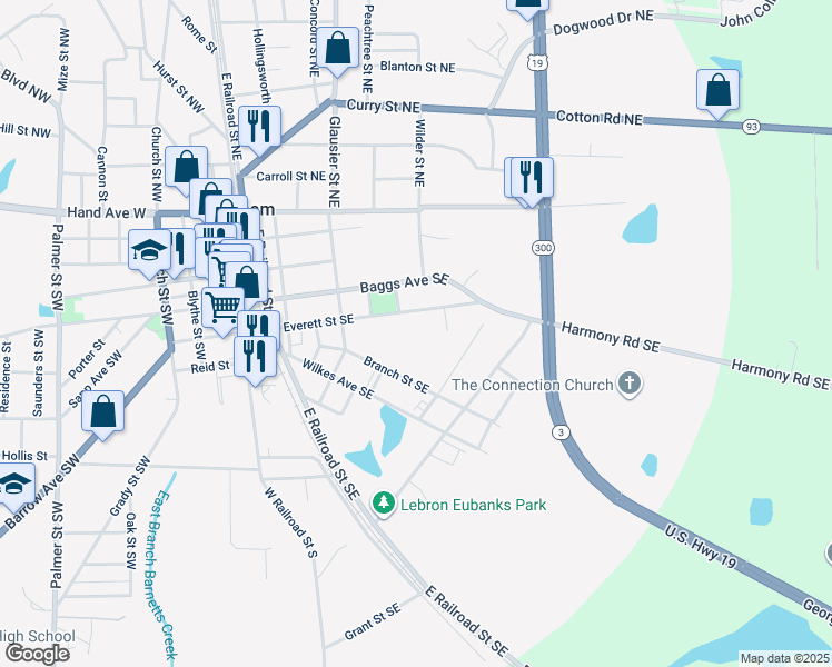 map of restaurants, bars, coffee shops, grocery stores, and more near 305 Ab Everett Street in Pelham