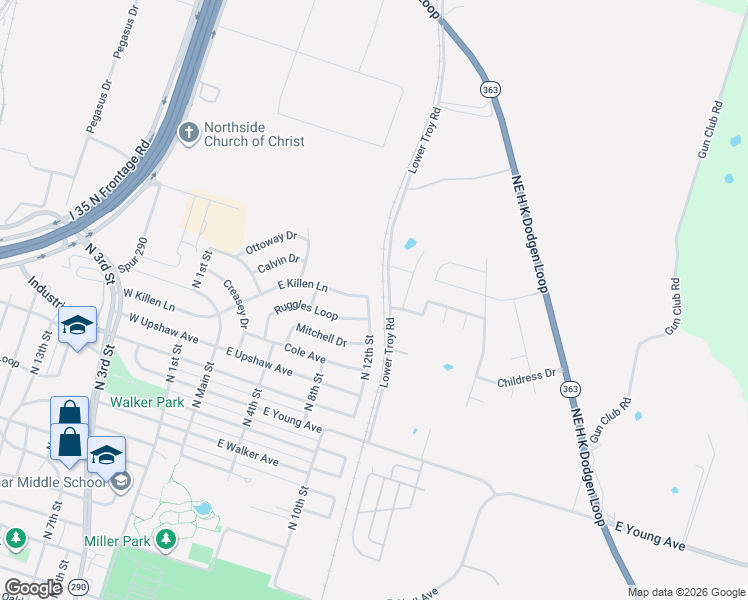 map of restaurants, bars, coffee shops, grocery stores, and more near 3109 North 12th Street in Temple