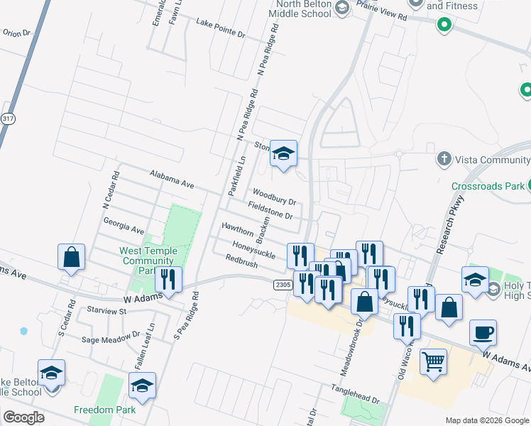 map of restaurants, bars, coffee shops, grocery stores, and more near 7913 Fieldstone Drive in Temple