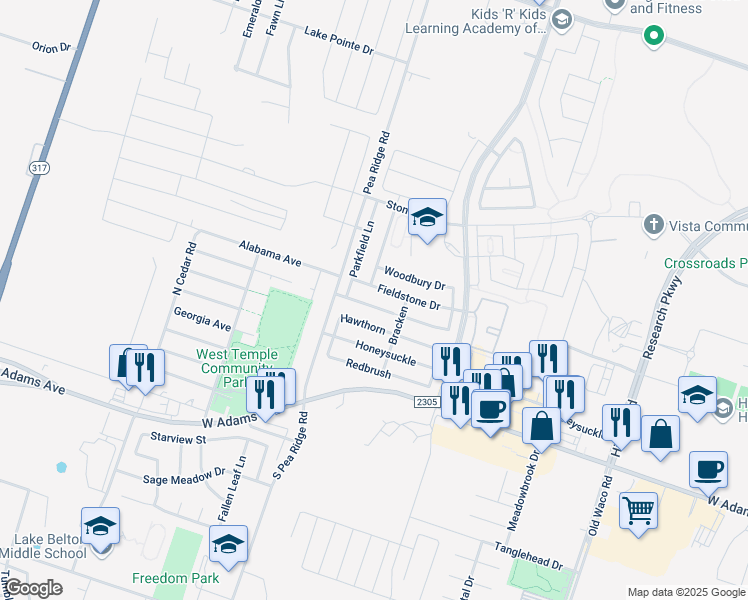 map of restaurants, bars, coffee shops, grocery stores, and more near 8012 Bridgepointe Drive in Temple