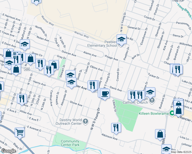 map of restaurants, bars, coffee shops, grocery stores, and more near 1205 Massey Street in Killeen