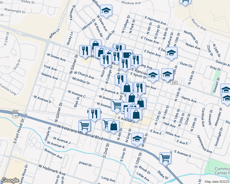 map of restaurants, bars, coffee shops, grocery stores, and more near 208 West Avenue A in Killeen
