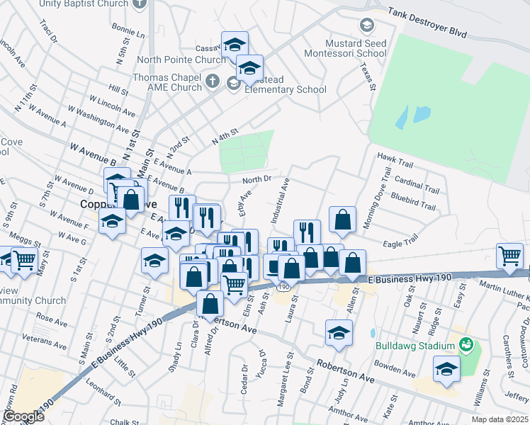 map of restaurants, bars, coffee shops, grocery stores, and more near 805 Industrial Avenue in Copperas Cove