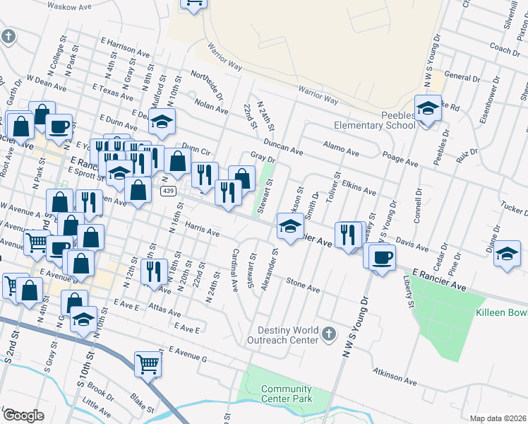 map of restaurants, bars, coffee shops, grocery stores, and more near 1004 Stewart Street in Killeen
