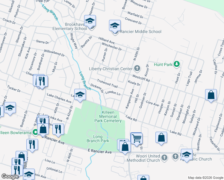 map of restaurants, bars, coffee shops, grocery stores, and more near 3807 London Lane in Killeen