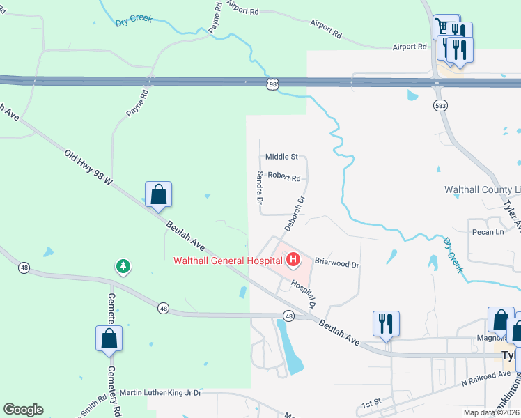map of restaurants, bars, coffee shops, grocery stores, and more near 101 Sandra Drive in Tylertown