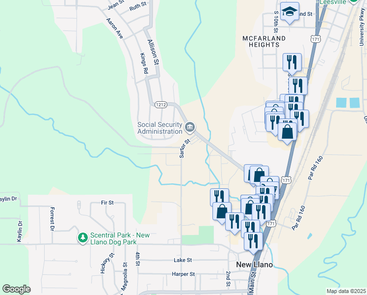 map of restaurants, bars, coffee shops, grocery stores, and more near 1-29 Sartor Street in Leesville