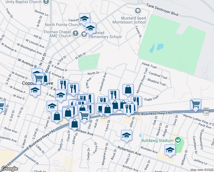 map of restaurants, bars, coffee shops, grocery stores, and more near 810 Industrial Avenue in Copperas Cove