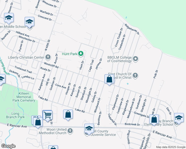 map of restaurants, bars, coffee shops, grocery stores, and more near 4623 Westcliff Road in Killeen