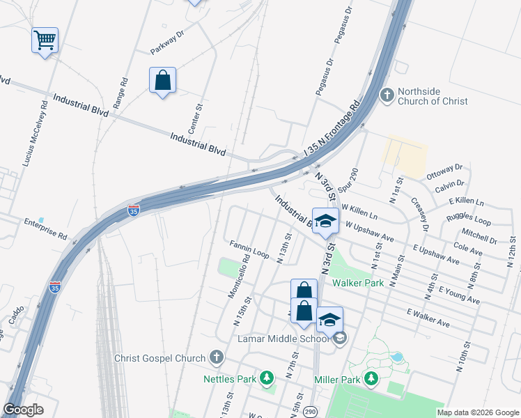 map of restaurants, bars, coffee shops, grocery stores, and more near 2617 Goliad Street in Temple