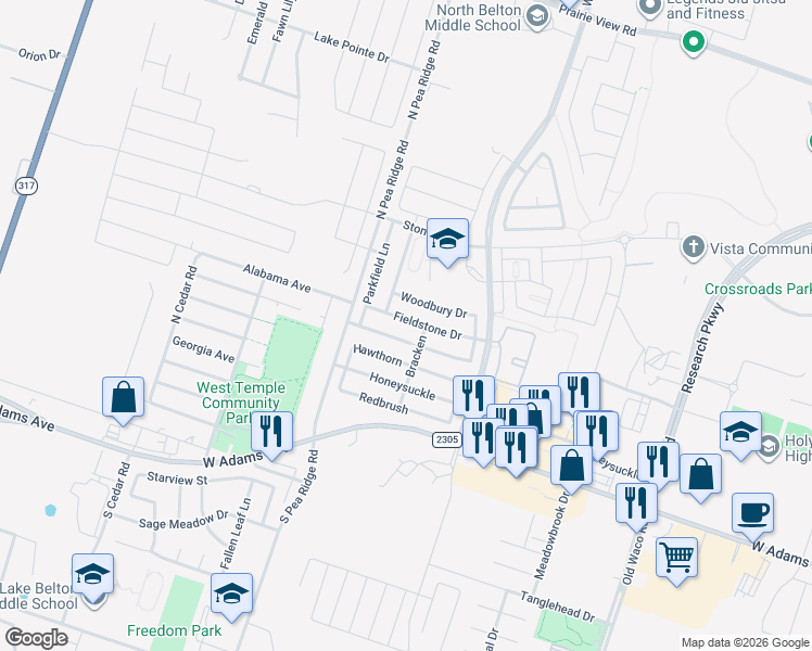 map of restaurants, bars, coffee shops, grocery stores, and more near 7913 Fieldstone Drive in Temple