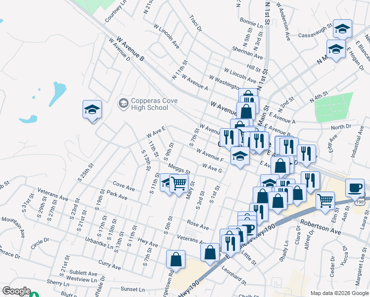 map of restaurants, bars, coffee shops, grocery stores, and more near 401 South 7th Street in Copperas Cove